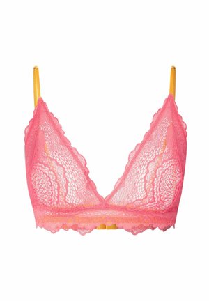 Beha met een roze kantontwerp, licht gevoerd met een golfrand, met gele bandjes en een eenvoudige haak aan de achterkant.