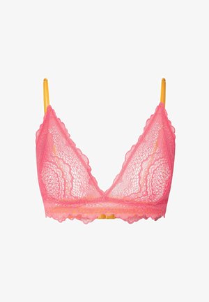 BH mit rosa Spitzenmuster, leicht gefüttert mit gewellten Kanten, ausgestattet mit gelben Trägern und einem einfachen Verschluss auf der Rückseite.