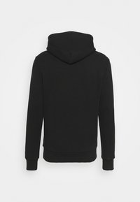 Black hoodie with a front pouch pocket, ribbed cuffs, and hem. Features a drawstring hood and a smooth, soft texture.