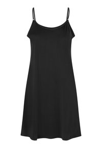 Abito nero senza maniche con spalline sottili, realizzato in tessuto morbido, con una vestibilità ampia e orlo dritto, senza motivi o decorazioni.