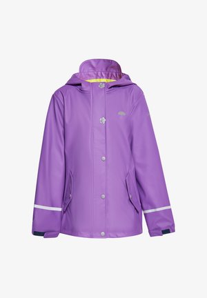 Lilla veekindel jakk kapuutsiga, millel on hõbedased nupud, ees taskud ja valged peegeldavad triibid varrukatel. Sile tekstuur.