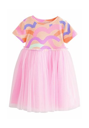 Vestido de manga corta con parte superior de estampado ondulado multicolor y falda de tul rosa. El cuerpo es de algodón; la falda tiene una textura en capas. Cintura elástica.
