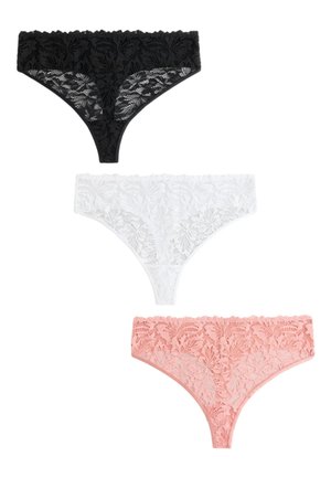 Tres bragas tipo tanga de encaje en negro, blanco y rosa, dispuestas verticalmente sobre un fondo blanco.