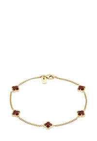 Goldene Kettenarmband mit vier kleeblattförmigen Akzenten in tiefroter Ausführung. Sicherer Karabinerverschluss.