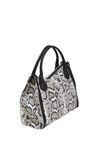 Borsa con motivo a serpente, caratterizzata da una finitura testurizzata, dettagli in pelle nera, forma strutturata e doppi manici superiori.