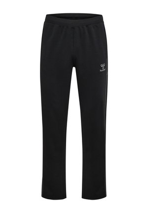 Sorte sportssbukser med lige ben, elastisk talje og lille hvid Hummel-logo på øverste lår.