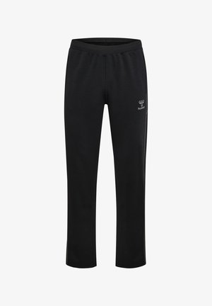 Sorte sportssbukser med lige ben, elastisk talje og lille hvid Hummel-logo på øverste lår.