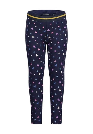 Marineblå leggings med flerfarvet hjerte mønster i pink, hvid, lilla og blå; elastisk talje med guld- og marineblå striber.