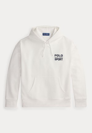 Hvit hettegenser i bomullsblanding med frontlomme, hette med snøring og "POLO SPORT"-logo i marineblått. Klassisk passform med ribbestrikkede mansjetter.