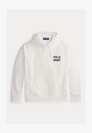 Baltas džemperis su gobtuvu, pagamintas iš medvilnės mišinio, su priekine kišene, raišteliu gobtuve ir tamsiai mėlynu „POLO SPORT“ logotipu. Klasikinio silueto su ribotais rankogaliais.