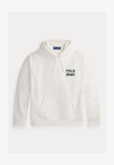 Fehér kapucnis pulóver pamut keverékből, elülső zsebbel, húzózsinóros kapucnival és "POLO SPORT" logóval tengerészkék színben. Klasszikus szabás rugalmas mandzsettákkal.