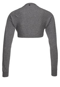 Šedý zkrácený svetr s dlouhými rukávy, pletenou strukturou a kulatým výstřihem. Obsahuje jednu knoflíkovou ozdobu na zadní straně límce.