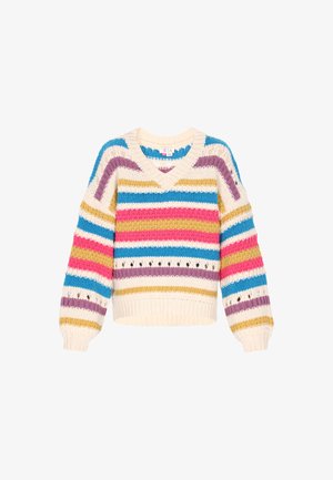 Adīts džemperis ar V veida kakla izgriezumu, kuram ir daudzkrāsainas svītras zila, rozā, dzeltenā un purpura krāsā uz krēmkrāsas fona. Strukturēta auduma piedurknes ar ribota apdare.