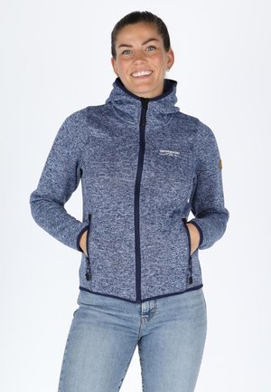 Navy blue zip-up jacket with a high collar, two side pockets, textured fabric, and contrasting trim along the zipper and cuffs.