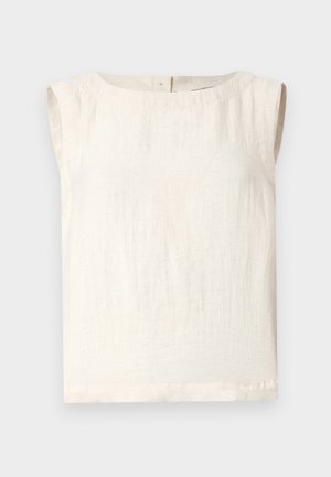 Bezramkowy top w kolorze kości słoniowej, wykonany z lekkiego materiału, z okrągłym dekoltem, subtelną teksturą i prostym wykończeniem. Brak widocznych zapięć.