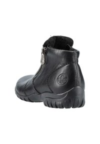 Black leather ankle boot with a side zipper, textured finish, cushioned collar, and a sturdy rubber sole for improved traction.