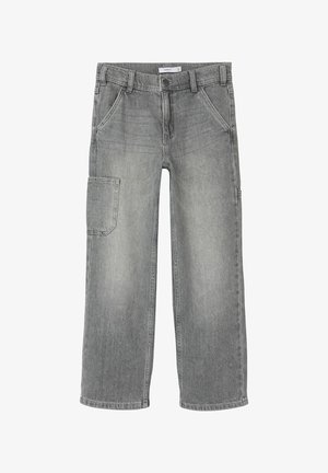 Pantaloni cargo in denim grigio con una vestibilità ampia, caratterizzati da una tasca a toppa sul lato, un classico design a cinque tasche e una leggera scoloritura.