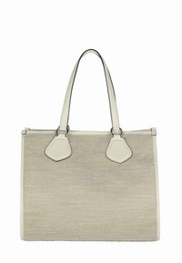 Sac fourre-tout beige avec des accents en cuir lisse, matériel hexagonal et deux poignées robustes. Surface texturée avec une forme rectangulaire structurée.