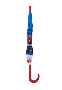 Closed children’s umbrella with a blue canopy featuring a design and a red curved handle.