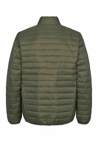 Olivovo zelená prešívaná bunda s vysokým golierom a elastickými manžetami. Hladká textúra a ľahká izolácia.