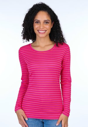 Langärmliges Oberteil aus geripptem Stoff mit rosa und magentafarbenen horizontalen Streifen, Rundhalsausschnitt und taillierter Silhouette.