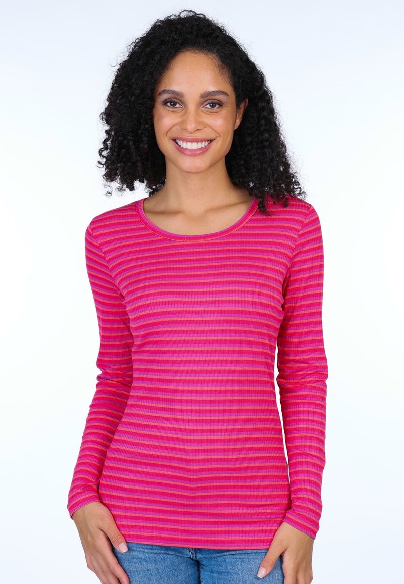 Langärmliges Oberteil aus geripptem Stoff mit rosa und magentafarbenen horizontalen Streifen, Rundhalsausschnitt und taillierter Silhouette.