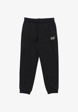 Pantaloni jogger neri in misto cotone, con vita elastica, tasche laterali, polsini aderenti e un logo bianco decorativo sulla gamba.