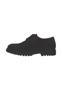 Scarpe stringate in suede nero con punta tonda, suola in gomma robusta e finitura liscia, caratterizzate da una semplice allacciatura e senza dettagli visibili.