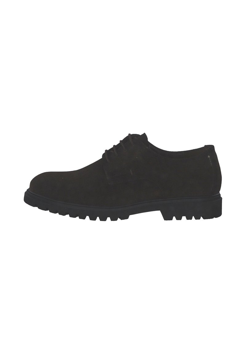 Scarpe stringate in suede nero con punta tonda, suola in gomma robusta e finitura liscia, caratterizzate da una semplice allacciatura e senza dettagli visibili.