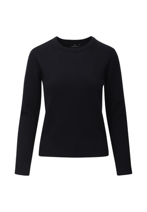 Svart, langermet genser laget av myk strikket stoff. Har rund hals og ribbestrikkede mansjetter og kant. Enkel, klassisk design.