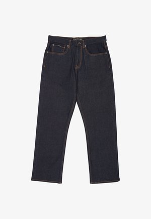 Tmavomodré rifle s priamymi nohavicami, oranžovým šitím, predným zapínaním na gombík a zips a dizajnom s piatimi vreckami.