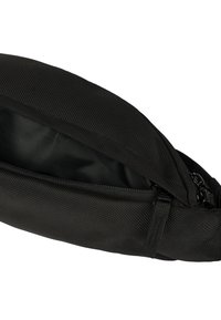 Borsa di stoffa nera con un esterno testurizzato e apertura con zip, dotata di un ampio scomparto interno e design snodato.