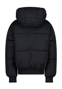Black puffer jacket with a hood, featuring a quilted design, elastic cuffs, and a ribbed hem; smooth, shiny texture.