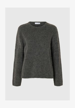 Sweater long à manches longues doux en gris anthracite, avec un col rond et une coupe décontractée, présenté sur un fond gris clair.