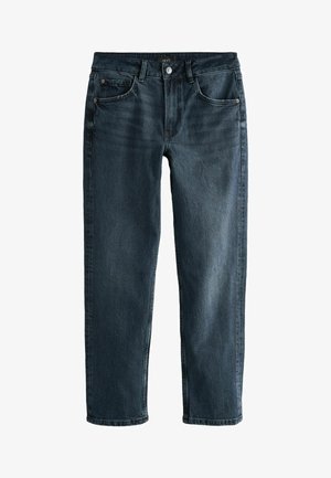 Sötétkék farmernadrág klasszikus szabásban, öt zsebes kialakítással, finom varrási részletekkel és egy kis fémgombbal a derekán.