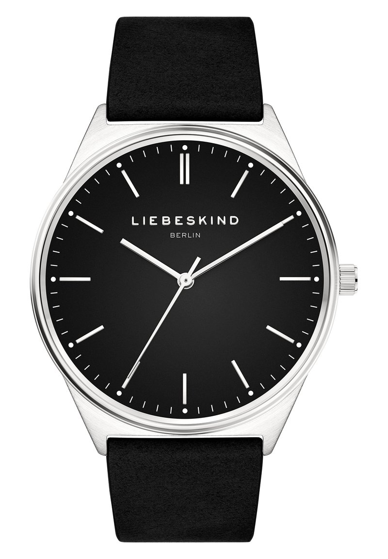 Schwarze Uhr mit einem runden Gehäuse aus silbernem Edelstahl, minimalistisches schwarzes Ziffernblatt, silberne Stundenmarkierungen und ein matt-schwarzes Lederarmband.