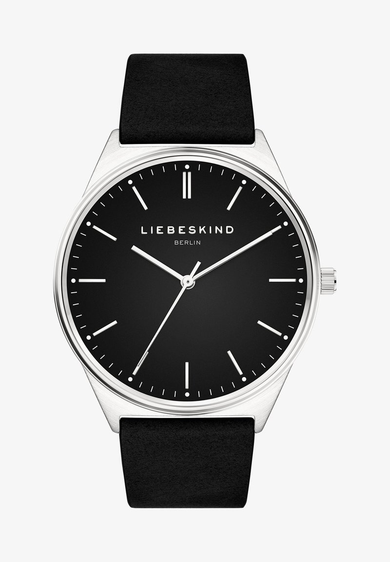 Schwarze Uhr mit einem runden Gehäuse aus silbernem Edelstahl, minimalistisches schwarzes Ziffernblatt, silberne Stundenmarkierungen und ein matt-schwarzes Lederarmband.