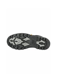 Semelle extérieure en caoutchouc noir avec des crampons profonds, présentant des accents gris et un motif robuste pour une meilleure traction. Le logo du fabricant est visible au centre.
