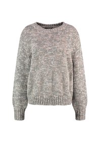 Chunky striktrøje i grå og creme med rund halsudskæring, sænkede skuldre og ribbede manchetter og kant. Struktureret mønster over det hele.