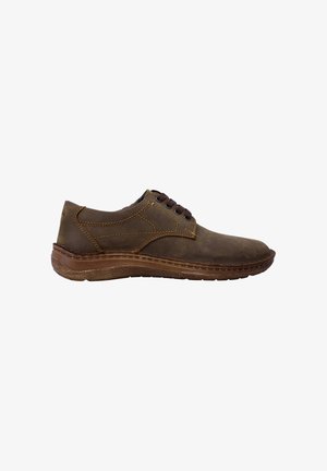 Braunes Leder-Schuh mit abgerundetem Zehenbereich, fünf Ösen und kontrastierenden Nähten. Glatte Textur mit einer flexiblen Gummisohle.