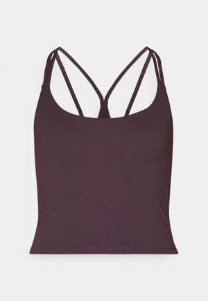 Dark purple tank top made of smooth fabric featuring thin double straps and a rounded neckline. Seamless hem at the bottom.