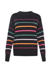 Pulover negru cu dungi orizontale multicolore în roz, teal, portocalie și albă; textură ribbită cu cusături decorative de-a lungul cusăturilor.