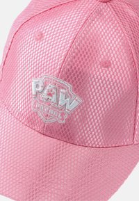 Pink mesh cap with a rounded crown, featuring a white embroidered "PAW Patrol" logo. The texture is breathable with a seamless design.