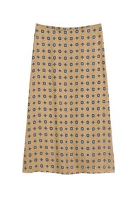 Une jupe longueur genou en tissu doux, avec un fond moutarde et un motif géométrique noir et blanc répété.