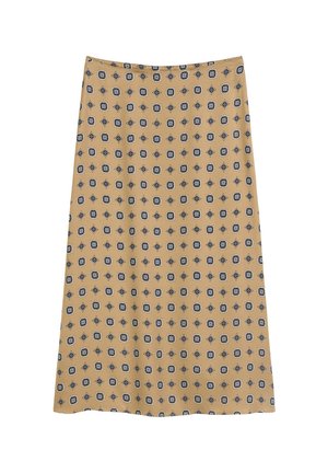 Une jupe longueur genou en tissu doux, avec un fond moutarde et un motif géométrique noir et blanc répété.