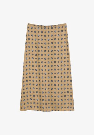 Een knie-lange rok van zachte stof, met een mosterdgele achtergrond en een herhaald zwart-wit geometrisch patroon.