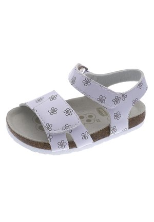 Sandal bianco con motivo floreale, cinturino regolabile, soletta in sughero e suola in gomma. Design aperto per traspirabilità e comfort.