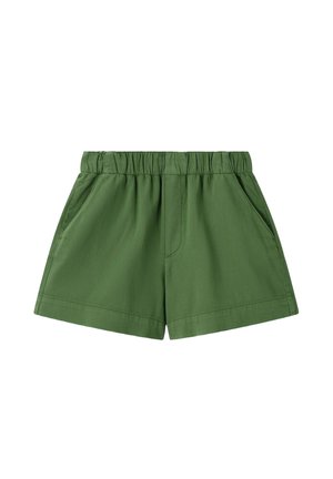 Shorts décontractés verts avec taille élastique et poches latérales, fabriqués en tissu léger, adaptés pour le temps chaud.