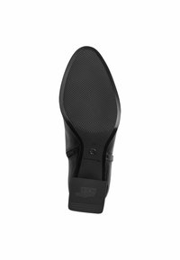 Semelle de chaussure habillée noire avec une grip en caoutchouc texturé, avant rond, forme profilée et finition lisse. Présente une gravure de logo subtile.