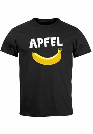 Black cotton t-shirt featuring the word "APFEL" in bold white letters above a yellow banana graphic. Regular fit, crew neck design.